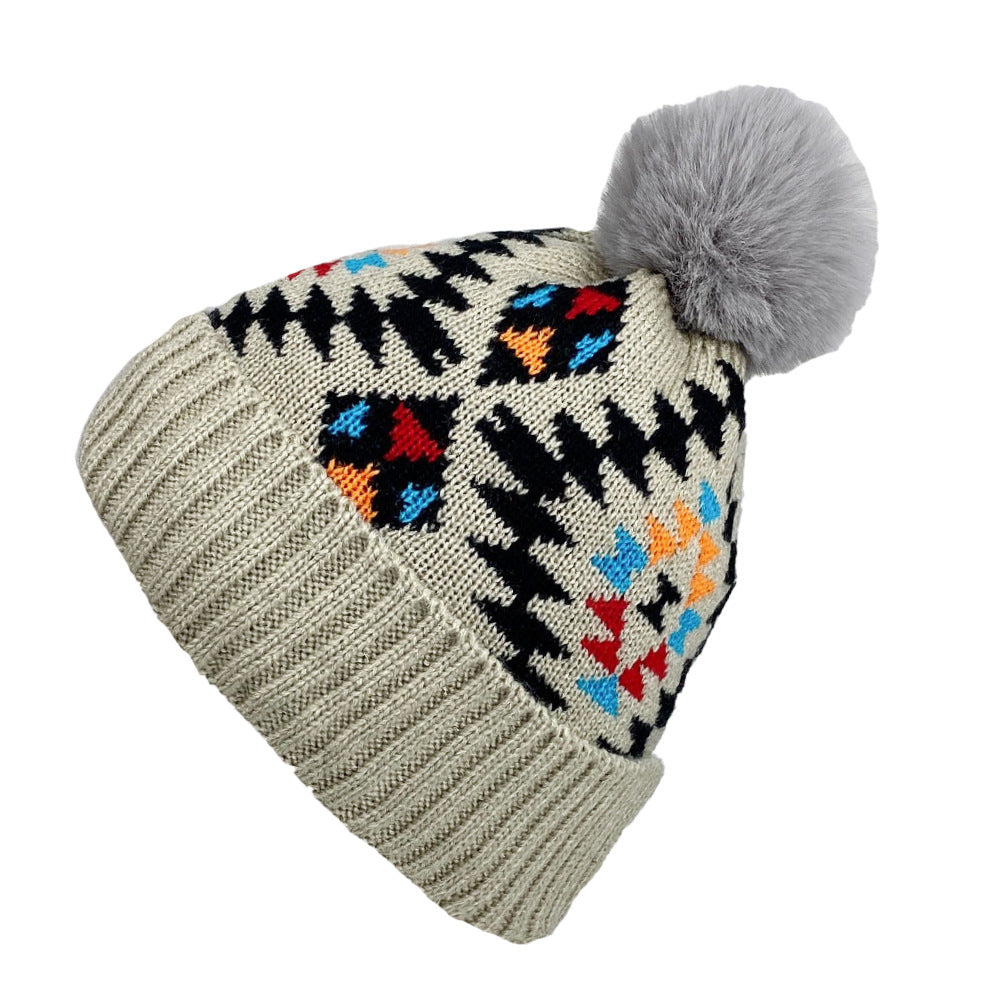 Wholesale Autumn and Winter Plush Women's Aztec Pattern Warm Wool Ball Knitted Wool Hat